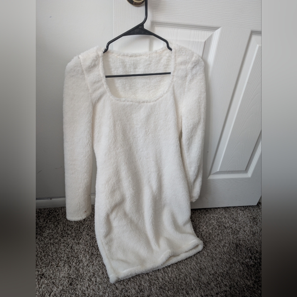 Cozy White Fuzzy Long Sleeve Dress